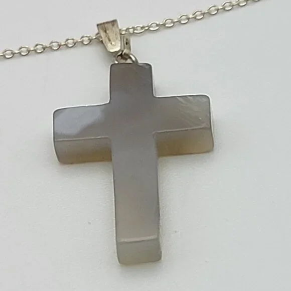 Vtg. 925 Sterling Silver Quartz Cross Pendant Necklace 18" Spring Ring Religious - Picture 2 of 8